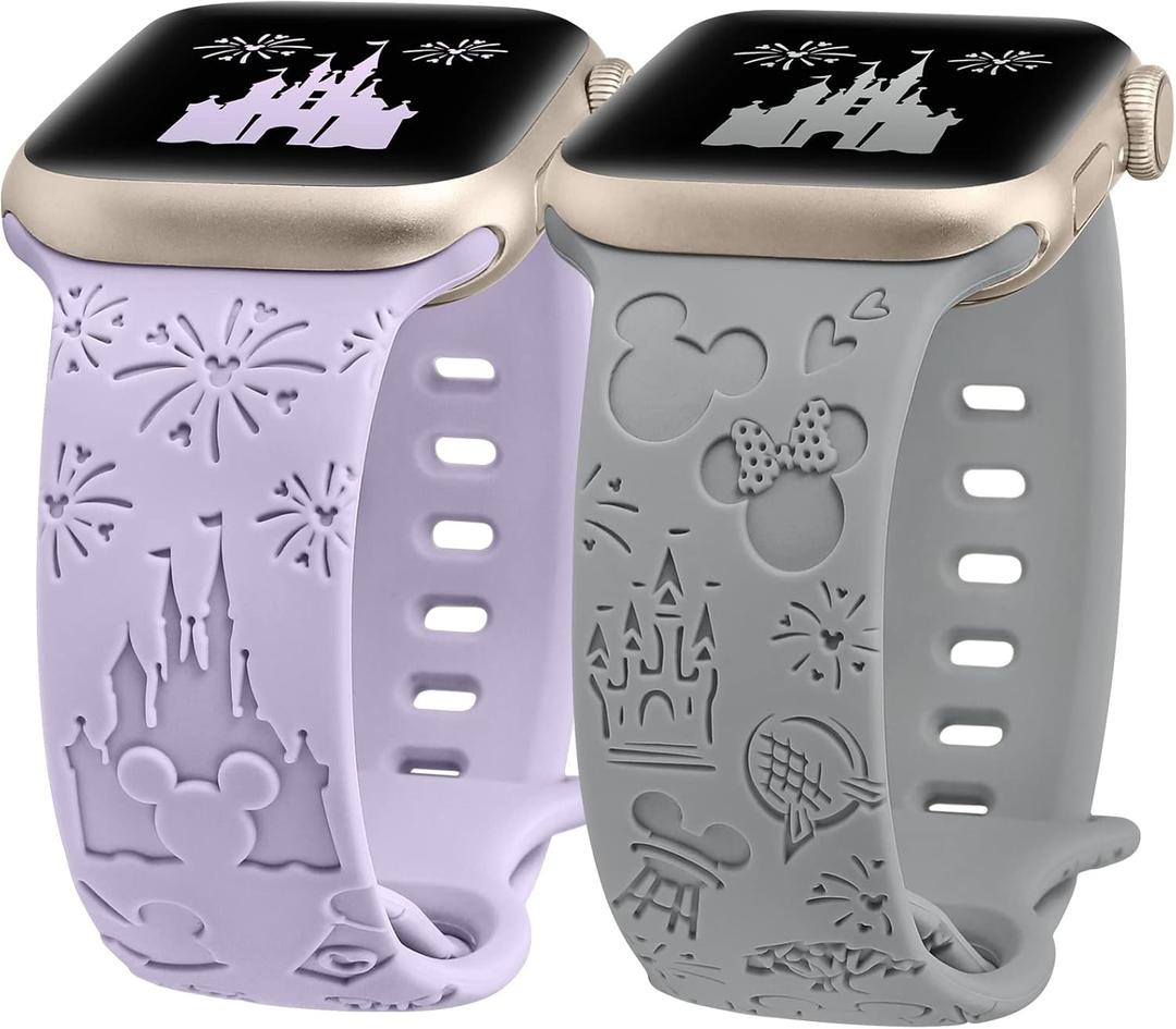 2 Packs Cartoon Engraved Band Compatible with Apple Watch Band 38/40/41/42/ 44/45/ 46/49mm Women, Cute Designer Soft Silicone Strap for iWatch Series 11 10 9 8 7 6 5 4 3 SE/Ultra 3 2 1 (Lavender & Grey)