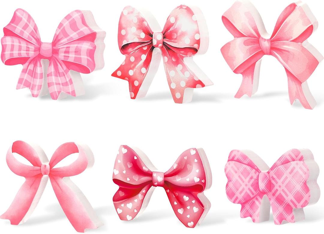 Yousoontic 6 Pcs Pink Bow Party Decor Coquette Room Wooden Sign 3D Pink Bow Table Centerpiece Tiered Tray Decoration for Home Dorm Desk Tabletop Birthday Bridal Wedding Party Supplies