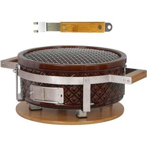 Yakitori Ceramic Charcoal Brown Grill, Round Hibachi Japanese Tabletop BBQ Gill With Grid Lifter and Stainless Steel Grate For Indoor/Outdoor Backyard Cooking, 16"x9"