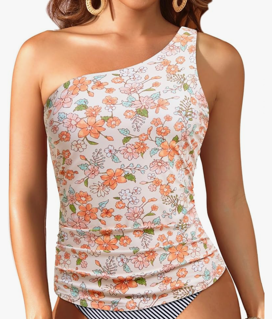 Tempt Me Tankini Tops for Women One Shoulder Swim Swimsuit Top Only Ruched Tummy Control Bathing Suit, XL