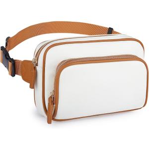 Fanny Packs for Women, Leather Fanny Pack Belt Bag for Women Men with 5 Zipper Pockets Adjustable Belts 4 Card Slots, White Fanny Pack Crossbody Fashion Waist Packs for Running Disney Hiking