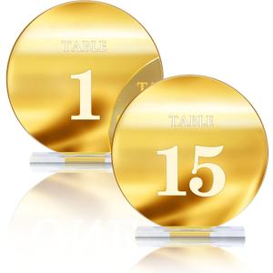 Acrylic Wedding Table Numbers 1-15 with Stands,4.8"Round Mirror Gold Table Number Signs and Holders for Wedding Reception, Party, Event, Centerpiece Decoration (Gold, 1-15)