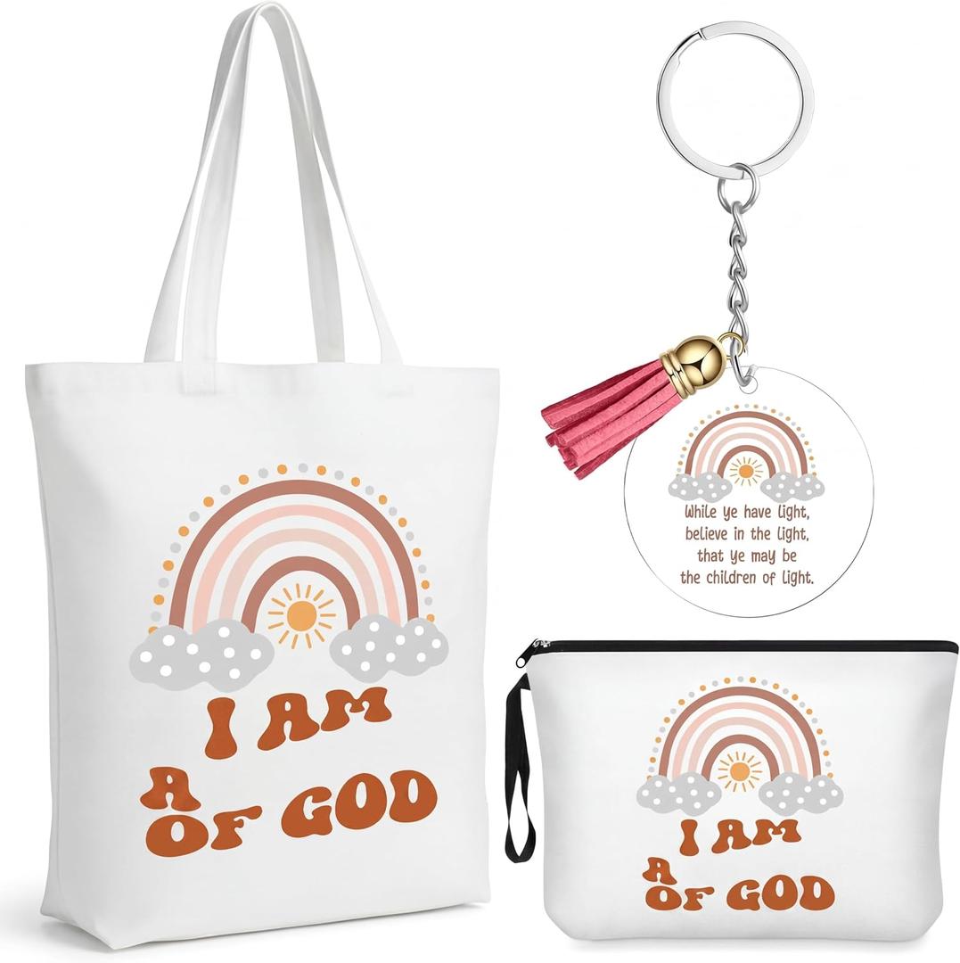 5 x Abbylike 3 Pcs Christian Gifts Set for Women Christian Tote Canvas Bag Makeup Bag and Inspirational Acrylic Keychain, Lds Missionary Gifts, First Communion, Baptism, Bible Book Carry Grocery Travel