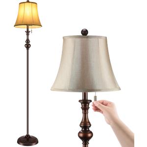 LINNMON Floor Lamp, Corner Standing Lamp, Vintage Pole Lamp with Light Golden Fabric Shade, Rustic Tall Stand Up Lamp for Living Room, Bedroom, Office, Bright Floor Lamp with Pull Switch (Classic)