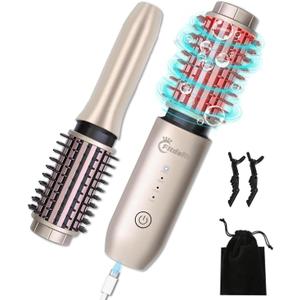 Cordless Hair Curling Iron Brush, 1.5" Mini Cordless Hair Curler, 3-in-1 Travel Curling Brush Hair Straightener Comb Rechargeable, 7000mAh Portable Ionic Heated Curling, Gold