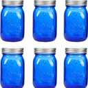 Amzcku 16 oz Blue Mason Jars with LidsRegular Mouth Canning Jar, 6 Pack Multifunction Glass Container, for Storage, Canning, Pickling, Preserving, Fermenting, DIY Crafts & Decor, Medium