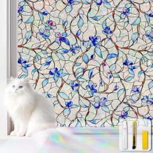 Window Privacy Film Stained Glass Decorative Static Clings Rainbow Window Tint for Home Room Decor Bathroom Door Car Stickers with Iridescent Effect, Removable(Blue Violet Botanical) (17.5*78.5)