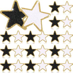 Jexine 32 Pieces Chenille Star Patches Black and White Self Adhesive Fabric Stickers Small Chenille Iron on Star Patches DIY Sewing Embroidered Appliques for Christmas Thanksgiving Clothes Hats Jeans