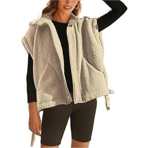 OPCAKM Women's Fuzzy Fleece Vest Oversized Sleeveless Sherpa Jacket Warm Button Down Gilet Outerwear with Pockets Size L