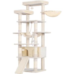 Heybly Tall Cat Tree, 78-inch Multi-Level Cat Tower for Indoor Cats, 2 Widened Plush Perches Cat Condo with Scratching Board and Big Caves, Beige HCT033M