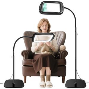 30X 10X Extra Large Floor Magnifying Glass with Light and Stand,60 LED Flexible Gooseneck Floor Magnifying Lamp with 5 Color Modes, 2-in-1 Lighted Magnifiers for Close Work, Sewing,Crafts, Painting (Black)