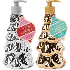 Simple Pleasures Metallic Christmas Tree Set of 2 Holiday Soap Dispenser with Scented Liquid Soap - Decorative Hand Pump Refillable Soap Dispensers for Kitchen and Bathroom Sinks