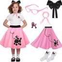 50s Girls Poodle Skirt Kids Sock Hop Outfit, Decades Day Costume - Grease Accessories Bobby Socks, Scarf & Glasses (Pink, 4-6 Yrs)