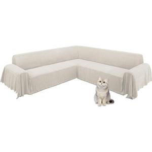 ALIECOM Corner Sectional Couch Covers L Shape Sofa Cover with Tassel Chenille Soft Thick U Shaped Sectional Slipcovers Washable Furniture Protector for Pets Dogs Cats (Light Khaki, 91x275 Inch)