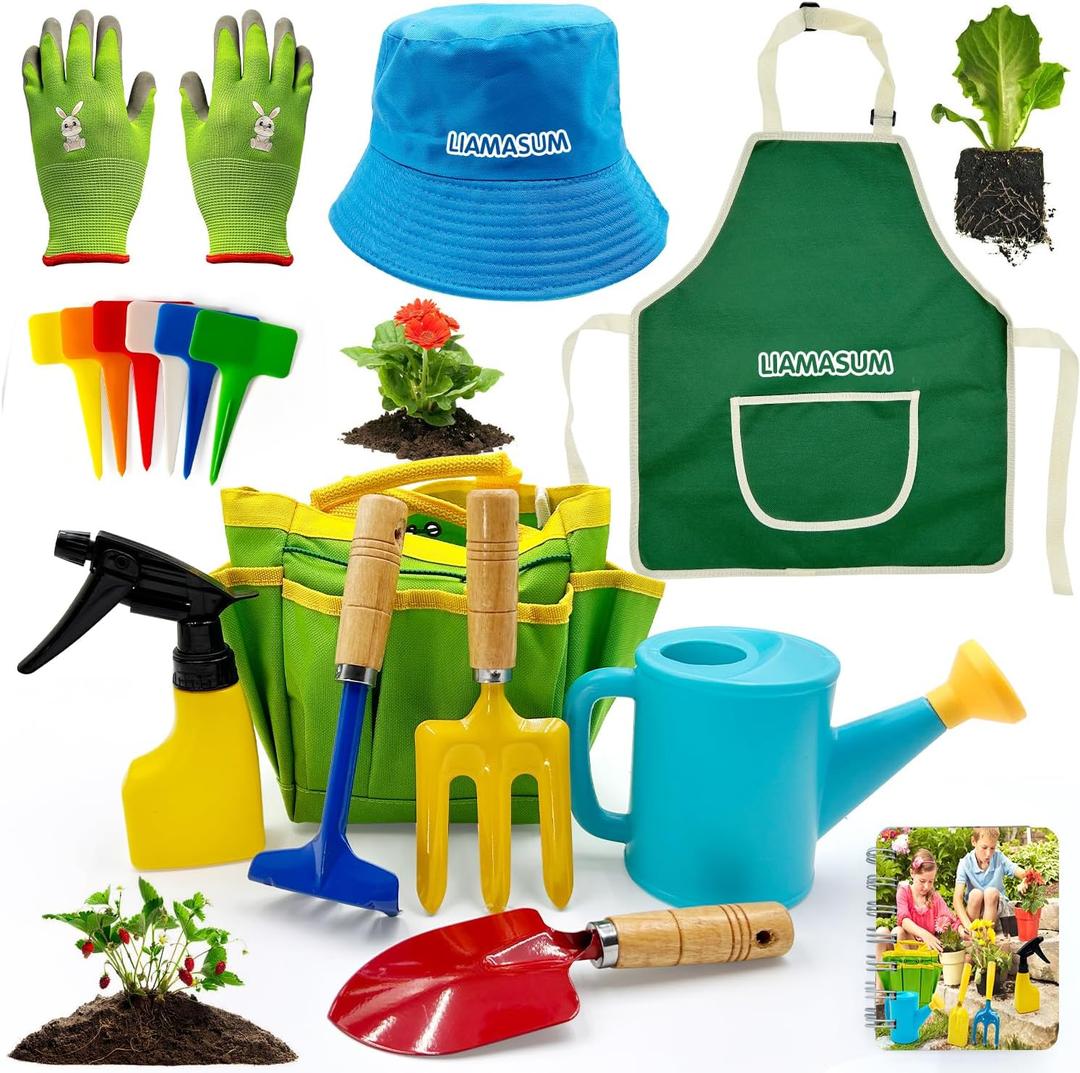 Kids Gardening Tools Set Includes Toddler Gardening Gloves, Sturdy Tote Bag, Watering Can, Shovel, Rake, Trowel, Children Apron, Garden Notebook - Easter Gifts for Toddler