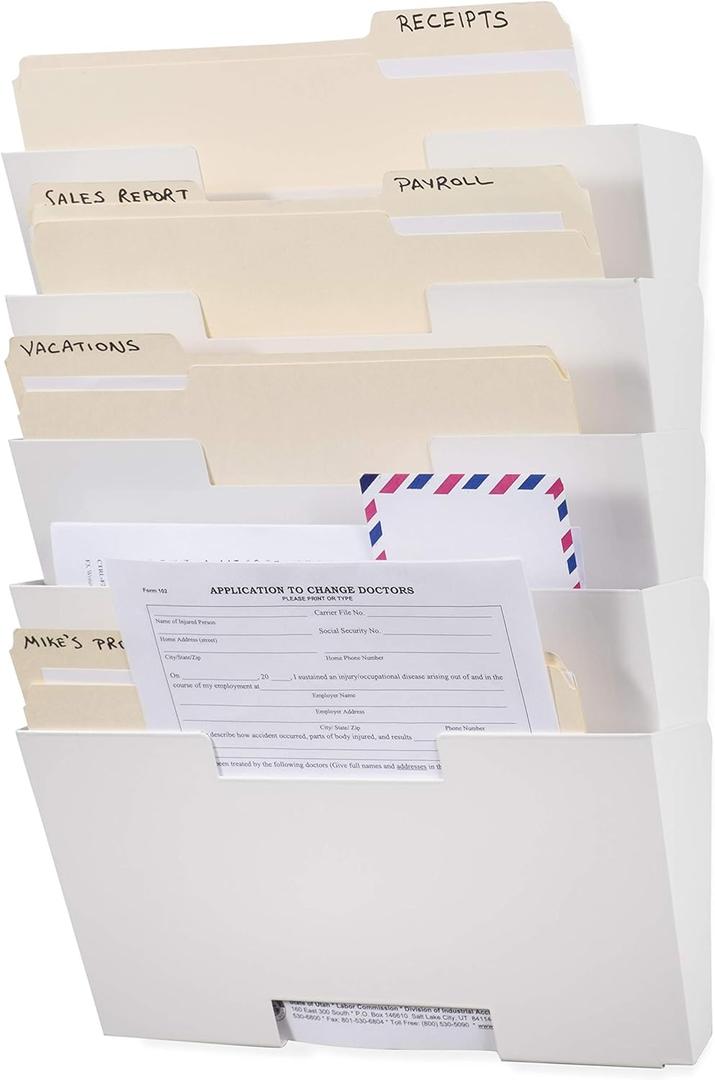 Wallniture Lisbon Metal Wall File Holder Organizer, Wall Mount File Holder, 5-Tier Office Decor and Magazine Holder, File Folders Letter Size White Rack