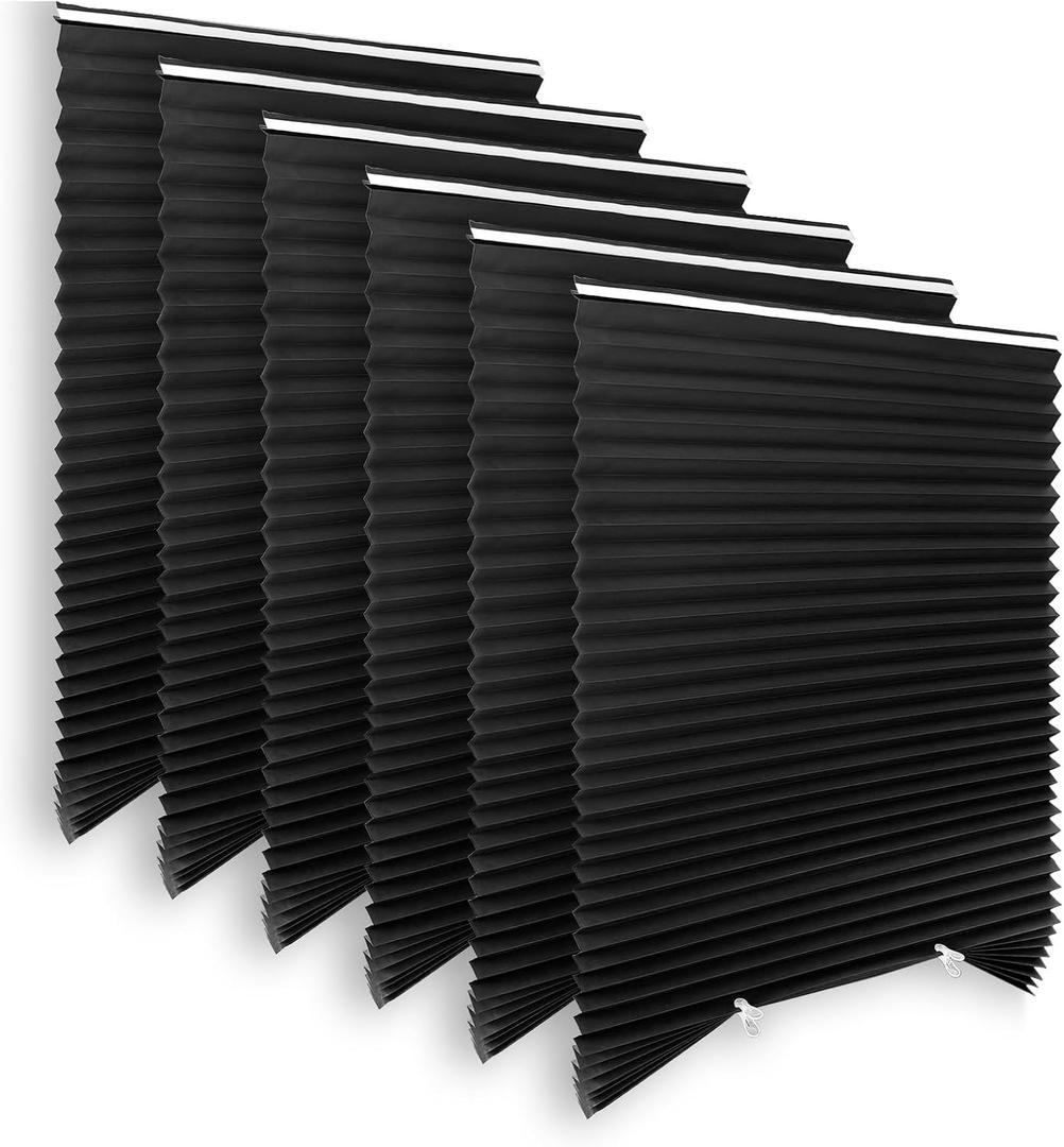 Blackout Paper Window Blinds 36" x 72" - 6 Pack Temporary Cordless Stick On Self-Adhesive No Drill Shades, Darkening Pleated Cover for Bedroom, Kitchen, Patio Door (Black, 100% Paper Material)