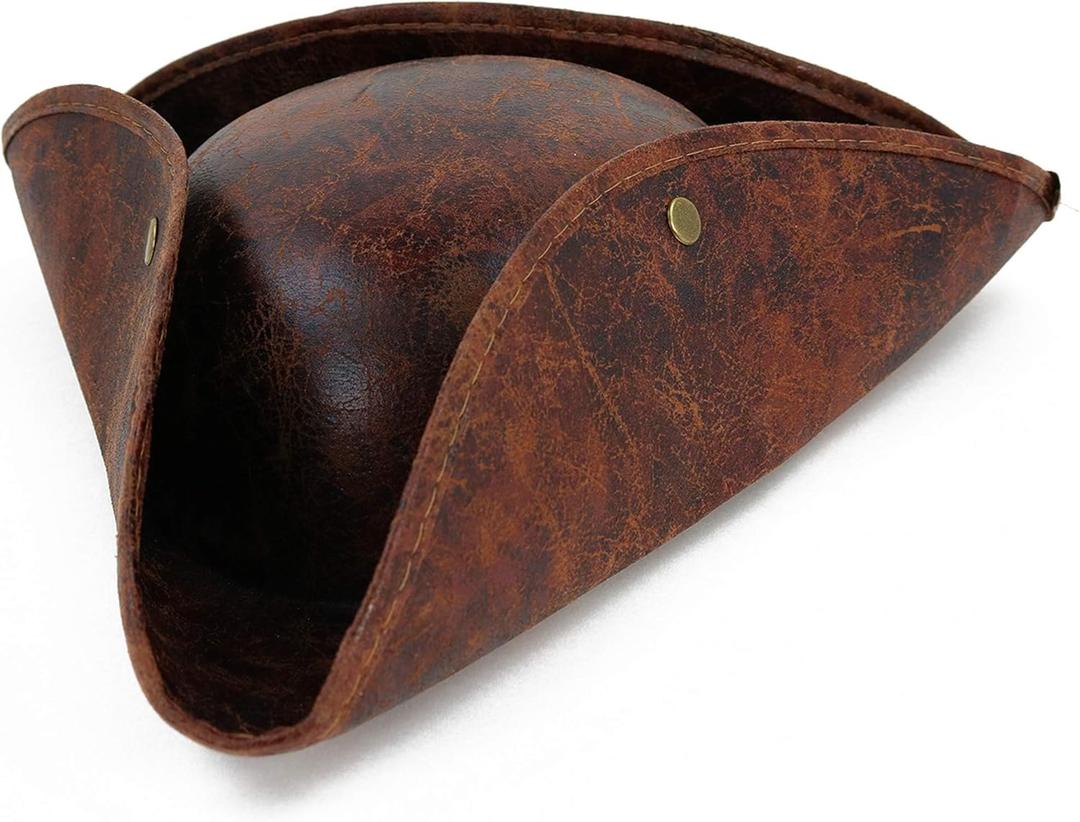 Pirate Hat Men And Women Leather Colonial Style Tricorn Hat Halloween Dressing Up Costume Accessory brown