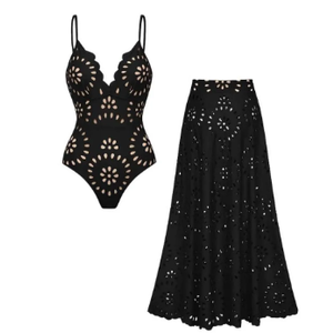 New Summer Women's Laser Cut Out Halter Sexy Hollow Out One Piece Swimsuit Skirt Set, Fashionable Pool Outfit Small