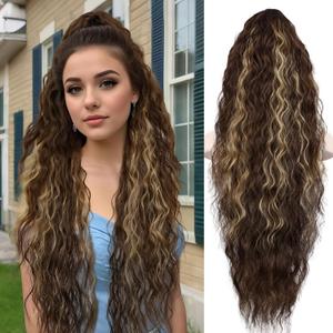30 Inch Ponytail Extension, Layered Ponytail Extensions for Women, Soft Wavy Claw Clip in Ponytail Extension, Natural Synthetic Hair Pieces for Women (Color: Chocolate Brown with Blonde Highlights)