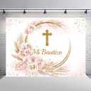Lofaris Mi Bautizo Backdrop God Bless Ceremony Boho Floral Pampas Grass Gold Ring First Holy Communion Golden Glitter Baptism Photography Background Party Decoration Banner Photo Booth Prop 7x5ft