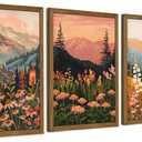 InspiredHues Colorful Landscape Boho Canvas Wall Art Set, 3 Piece Wildflower Mountain Wall Decor, Vintage Floral Rustic Nature Artwork Prints for Living Room Bedroom Office 12x16 Inch Wood Framed
