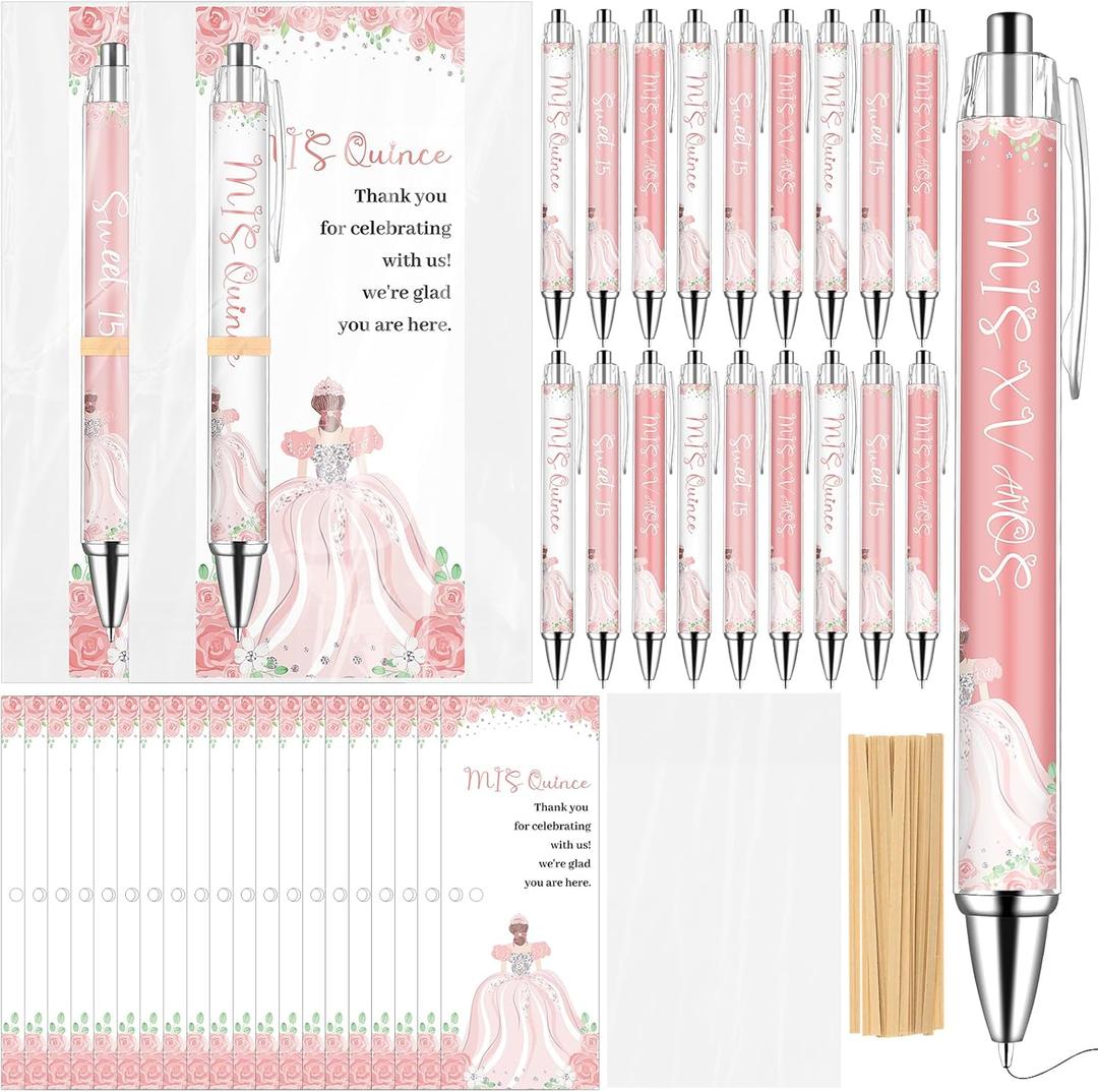 BCVWEG 30 Set Quinceanera Party Favors Include Sweet 15 Ballpoint Pens Thank You Cards Gift Bags Quinceañera Gifts Black Ink Pen Thank You Gifts for 15th Birthday Party Mis Quince Guests Souvenir