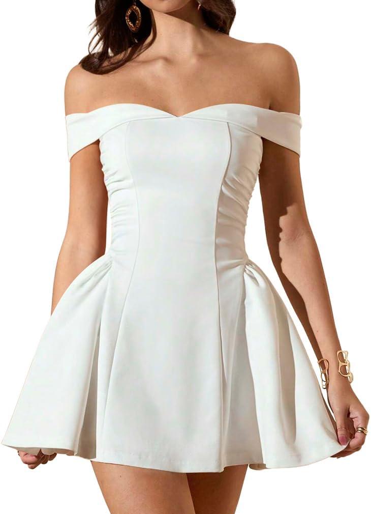 LAGSHIAN Women's Summer Classy Formal Sleeveless Off Shoulder A-line Cocktail Party Mini Dress (White, L)