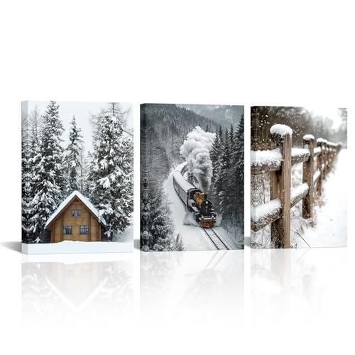 LyerArtork 3 Panel Farmhouse Wall Art Canvas Prints Winter Landscape Barn Snow Train Wood Picture Country Art Snowscape Wall Decor for Bedroom Living Room 12x16inchx3