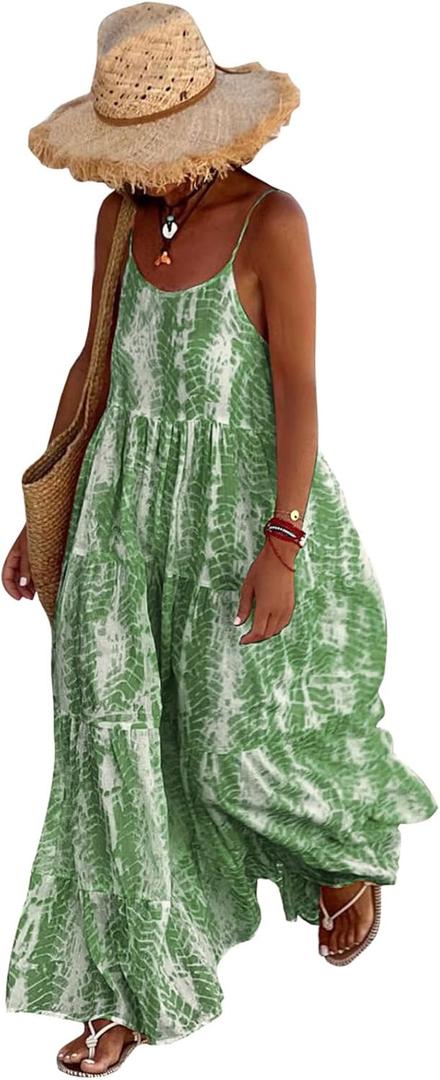PRETTYGARDEN Women Summer Dresses 2026 Spaghetti Strap Scoop Neck Floral Maxi Dress Flowy Boho Long Sundress with Pockets (Medium, Grass Green)