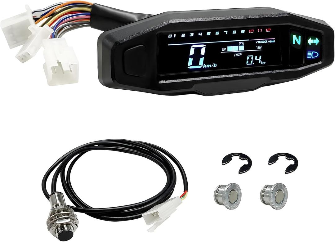 JINXl Motorcycle Speedometer, 6 Gear 12000 RPM Digital Speed Gauge with Mini LCD Screen, Waterproof Gauge Cluster Tachometer Odometer Oil Level Meter for Small Engine Motorcycles