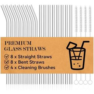 Foogwee® 20 Packs Reusable Glass Straws Set, 8.5'' x 10mm Clear Drinking Straws for Smoothies, Shakes, Coffee, Juice, Sodas, Milk, Tea, Cocktails, Set of 8 Straight and 8 Bent with 4 Cleaning Brushes