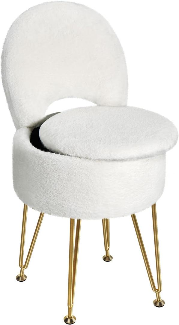 GREENSTELL Small Vanity Stool Chair with Storage and Folding Back, 13" x 13" x 17.7" Faux Fur Soft Ottoman for Teenager, 4 Metal Legs with Anti-Slip Feet, Furry Padded Seat for Makeup, Bedroom, White