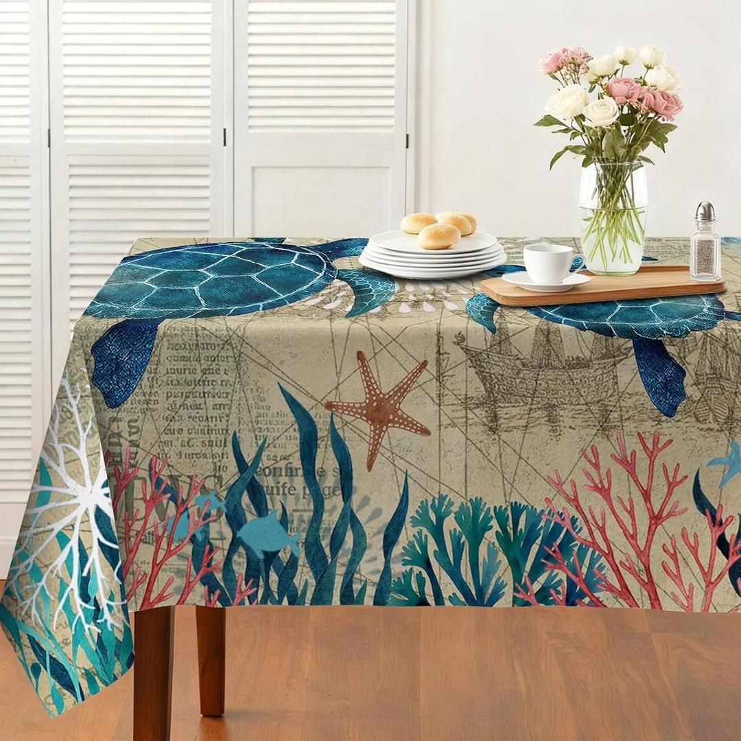 Coastal Nautical Rectangle Tablecloth Ocean Themed, Vintage Sea Turtle Beach Waterproof Picnic Party Tablecloth, Dining Room Kitchen Decor 54x72 Inch