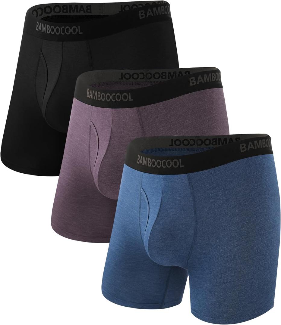 BAMBOO COOL Men's Underwear Breathable Boxer Briefs with Fly Moisture-Wicking Lightweight Underwear 7-Pack (Large, 03-black, Purple, Dark Blue (3 Pack))