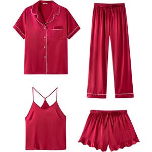 SAPJON Silk Pajamas for Women Set 4Pcs Ruffled Satin Pajamas Set Button Down Short Sleeve Cami Shorts Sleepwear Pj Set (Large, Wine Red)