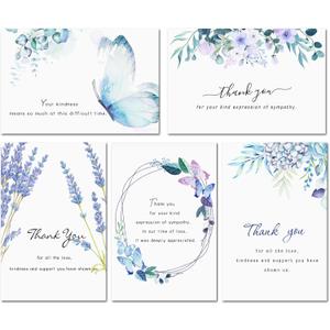 Hunanyume 50 Pack Funeral Thank You Cards with Envelopes, Stickers & Message Inside, 46 in Watercolor Flowers Butterflies Bereavement Sympathy Thank You Cards for Funeral Family Friends Loved Ones (Assorted/Multicolor)