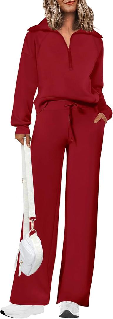 PRETTYGARDEN Women's 2 Piece Outfits Casual Lapel Half Zip Sweatshirts and Wide Leg Pants Tracksuit Sets (Medium, Wine Red)