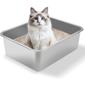Stainless Steel Cat Litter Box - Metal High Sided Cat Pan, Large Stainless Steel Box, Indoor Litter Tray, Non Stick, No Smell, Easy-Clean Design for Hygienic Pet Care Large Size for All Cats (Silvery)