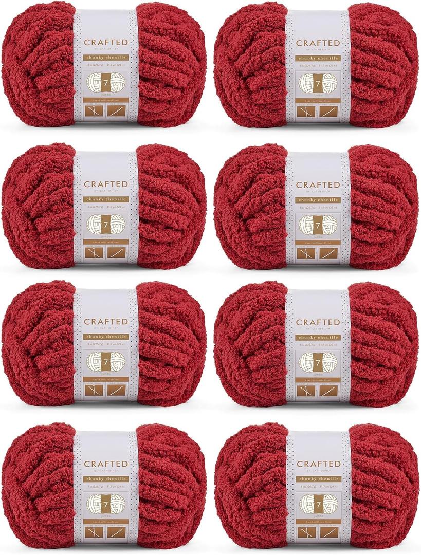 Crafted By Catherine Chunky Chenille Yarn - 8 Pack (8 oz / 227 g, 31.7 Yards Each Skein), Dark Red, Gauge 7 Jumbo