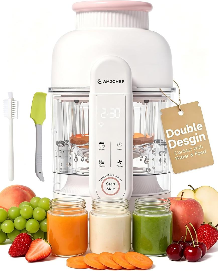 AMZCHEF Baby Food Maker with Auto Steam & Blend, 9-in-1 Baby Puree Maker with Food-grade glass, BPA-Free & Easy Cleaning, Touch Screen, Dishwasher Safe, Off-white