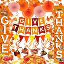Famoby GIVE THANKS Hanging Banner Porch Sign Autumn Pumpkin Maple Leaf Backdrop Flag Banner Paper Fan&Swirls for Thanksgiving Party Decorations