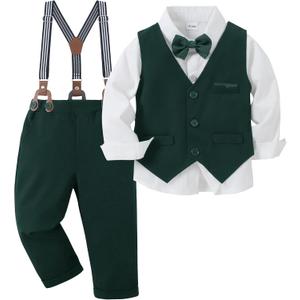 nilikastta Green Dress Clothes for Boys Boys Formal Suit Formal Dress Shirt/Bowtie/Vest/Suspender Pants Suspenders for Birthday Party 7-8 Years