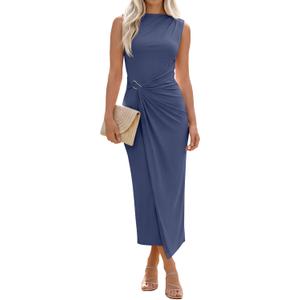 JoyMotion Women's Summer Ruched Bodycon Dress Casual Sleeveless Maxi Dress Elegant Wedding Guest Cocktail Party Trendy Outfit(Haze Blue, Medium)