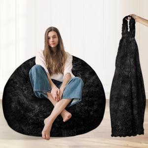 Fluffy Faux Fur Bean Bag Chair Cover for Living Room(No Filler), Bean Bag Chairs Cover for Kids/Teens,Premium Furry Anti-Slip Bean Bag Cover for Organizing Plush Toys (Black)