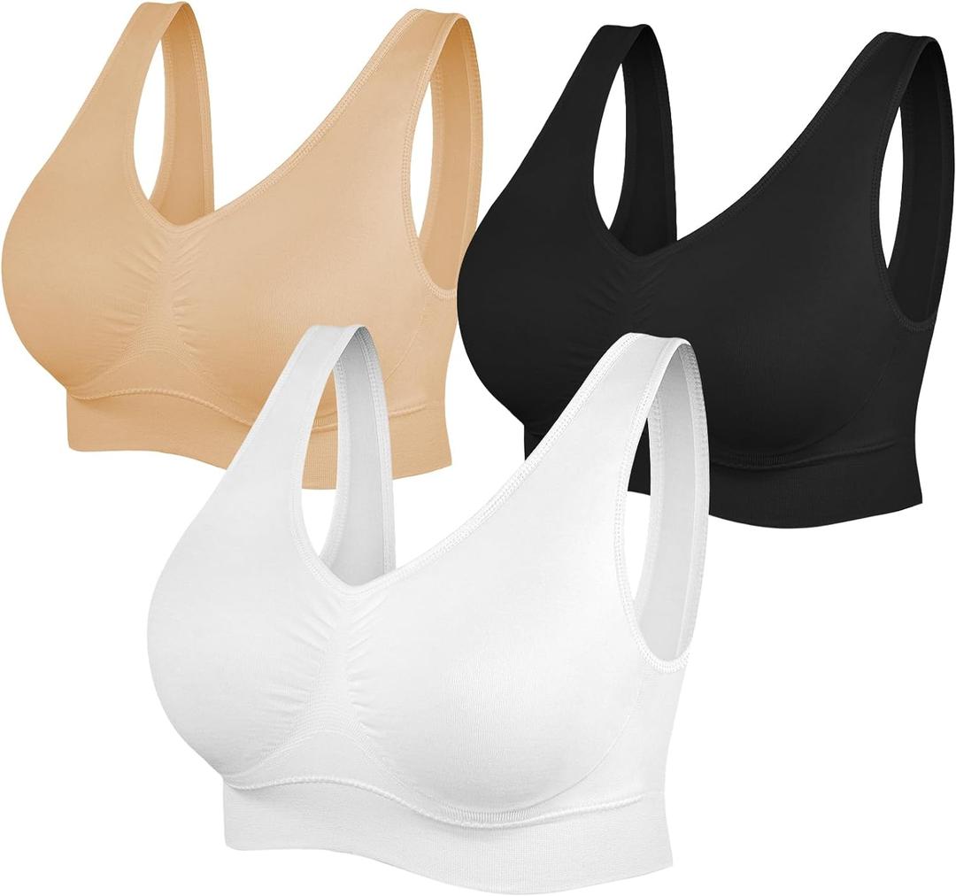 Womens Sports Bras, Yoga Comfort Seamless Stretchy Sports Bra for Women 3 Pack (XX-Large, Black+white+nude)
