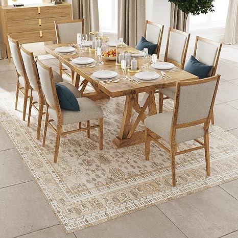 8x10 Washable Area Rug, Low Pile Faux Wool Carpet for Living Room, Bedroom, Dining Room, Vintage Flower Design, Non-Shedding Low-Pile Rug in Yellow for High-Traffic Areas with Non-Slip Rubber Back