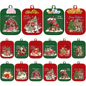 Jingmore 12 Pcs Christmas Pot Holders with Pocket Red Green Pot Holders for Kitchen Santa Claus Snowman Hot Pads and Oven Mitts Cute Farmhouse Oven Gloves Gift for Christmas Winter Baking Cooking