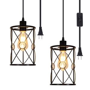 WELTRANS Plug in Industrial 2 Pack Farmhouse Pendant Light, Mini Cage Pendant Lighting in Black Finish with Crystal, Adjustable Length Hanging Light Fixture for Hallway, Bedroom, Living Room, Kitchen