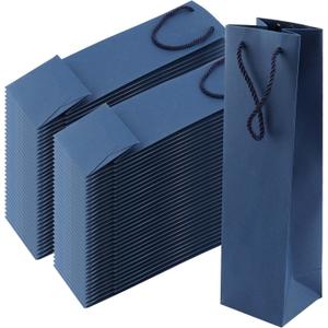 SEUNMUK 40 Pack Blue Wine Bags - 3.7 x 3.7 x 13.8 Inch Paper With Handles, Elegant Bottle Gift Bags for Party, Wedding and Retailing